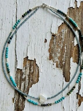 Double Strand Turquoise & Silver Hematite Choker Necklace w/Heart Charm